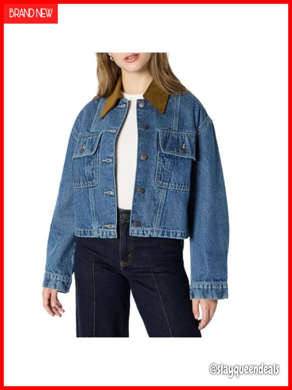 Oversized Cropped Heavyweight Denim Jacket Corduroy Collar